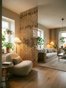 Wooden beaded curtain creating a subtle divider between a reading nook and living room.