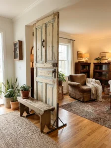 Repurposed vintage wooden door used as a unique room divider.