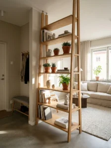 Freestanding ladder shelf creating a light and functional divider in a small apartment.