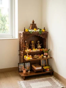 Traditional mandir positioned thoughtfully in a peaceful pooja room