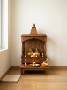 Clean clutter-free pooja corner with a dedicated mandir