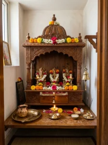 Calming white and soft yellow colors in a peaceful pooja room