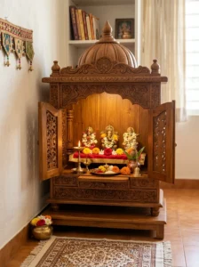 Dedicated wooden mandir unit in a compact pooja room