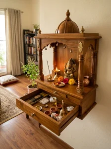 Mandir with organized storage drawer for puja items