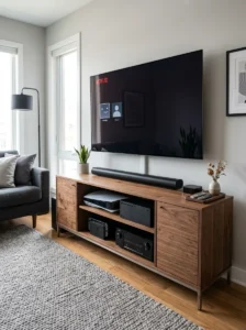 Modern media console with organized cables and ventilated equipment storage.