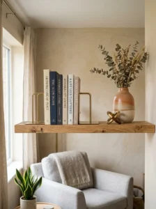 Floating shelf with books organized between decorative bookends.