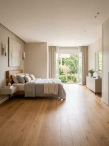 Bedroom with generous clear turning space beside the bed