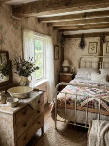 “Cottagecore bedroom with a vintage ceramic pitcher and wash basin”