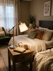 Bedroom task lighting positioned at a comfortable seated height