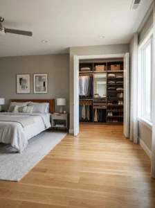 Wide clear pathway leading to an accessible bedroom closet