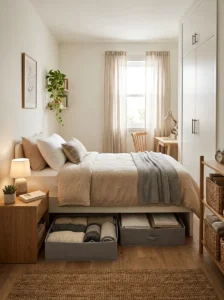 Under-bed storage bins providing extra space for a small closet