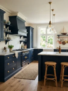 Blue kitchen cabinets with warm brass nautical-inspired hardwareBlue kitchen cabinets with warm brass nautical-inspired hardware