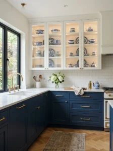 Romantic kitchen with soft periwinkle blue cabinets