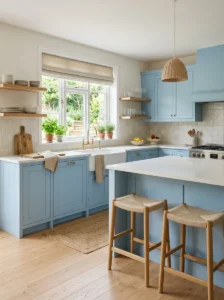 Airy kitchen with soft sky blue cabinets and light natural décor