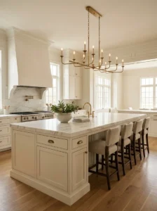 Timeless chandelier above a luxurious kitchen island