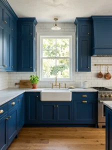 Blue kitchen cabinets paired with a classic white subway tile backsplash