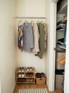 Tension rod creating an extra hanging zone in a small closet