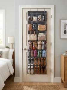 Over-door organizer adding storage to a small closet