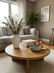 Round coffee table arrangement with varied object heights