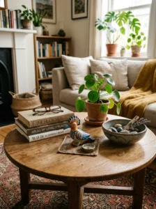 Personal travel keepsake displayed on a styled round coffee table