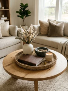 Round coffee table styled with varied textures and natural materials