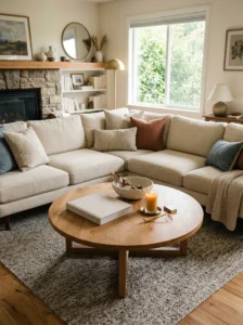 Round coffee table styled beautifully from every viewing angle