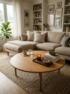 Practical round coffee table styling with space for everyday use
