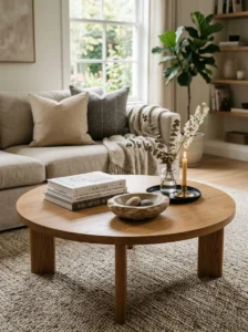 Professionally styled round coffee table with balanced decorative objects