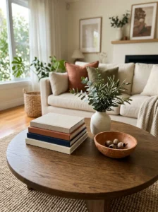 Round coffee table styled with three decorative objects