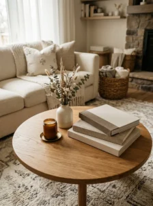 Angled stack of coffee table books on a round table