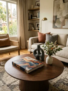 Visually interesting coffee table book used as living room décor