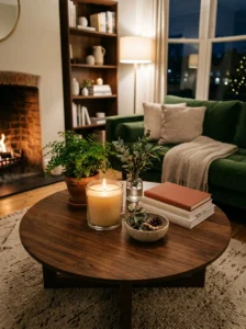 Candle adding warmth and dimension to a round coffee table