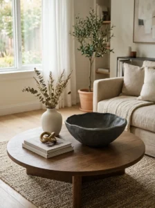 Round coffee table with a large sculptural bowl as the centerpiece