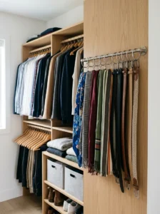 Dedicated accessory rod organizing scarves and belts in a small closet