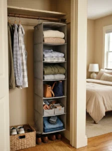Slim velvet hangers maximizing clothing space in a small closet