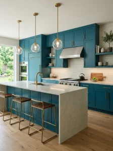 Blue kitchen with warm natural wood open shelving