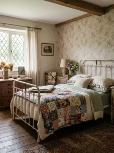 “Cottagecore bedroom with a vintage white iron bed frame”
