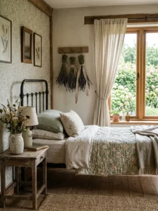 “Cottagecore bedroom with dried lavender bundles near a window”