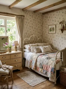 “Cottagecore bedroom with soft faded floral wallpaper and vintage furniture”