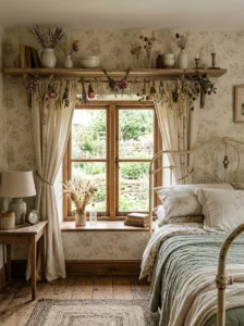 “Cottagecore bedroom with a dried flower garland along a wooden shelf”