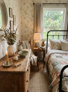 “Cottagecore bedroom decorated with handmade ceramic and pottery pieces”