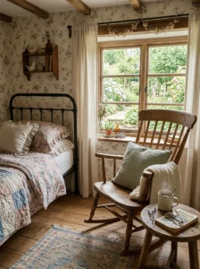 “Cottagecore bedroom with a vintage wooden rocking chair in a cozy corner”