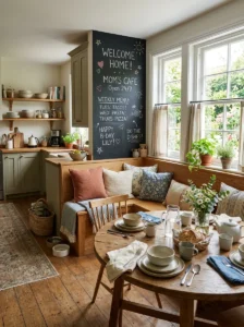 “Kitchen banquette with a functional chalkboard family message wall”