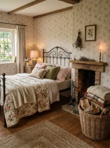 “Cottagecore bedroom with a woven basket holding blankets beside a fireplace”