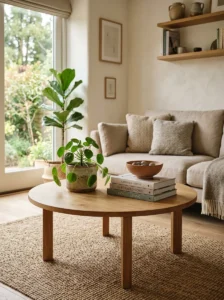 Small trailing plant adding natural softness to a round coffee table