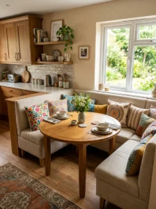 “Kitchen banquette decorated with colorful patterned cushions”