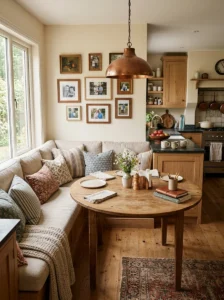 “Warm family kitchen banquette designed for shared meals and togetherness”