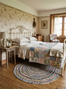 “Cottagecore bedroom with a handmade braided vintage rug”
