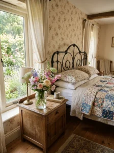 “Cottagecore bedroom with fresh seasonal garden flowers in a glass jar”