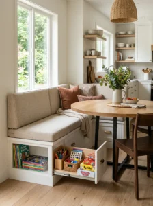 “Kitchen banquette with organized storage for kids' activities”